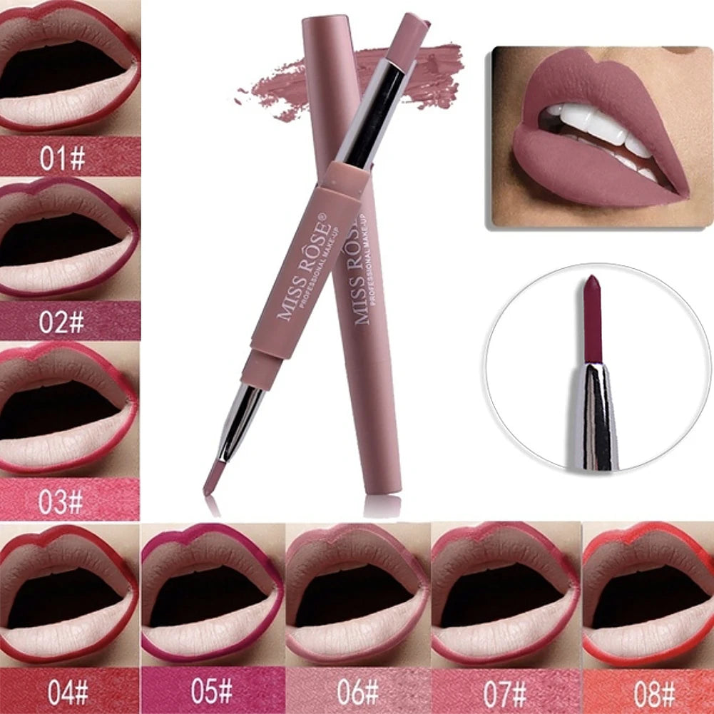 MISS ROSE 2 In 1 Matte Lipstick Lip Liner Nude Lipliner Makeup Waterproof Lipstick Pen Long Lasting Lip Pencil Makeup Lovable