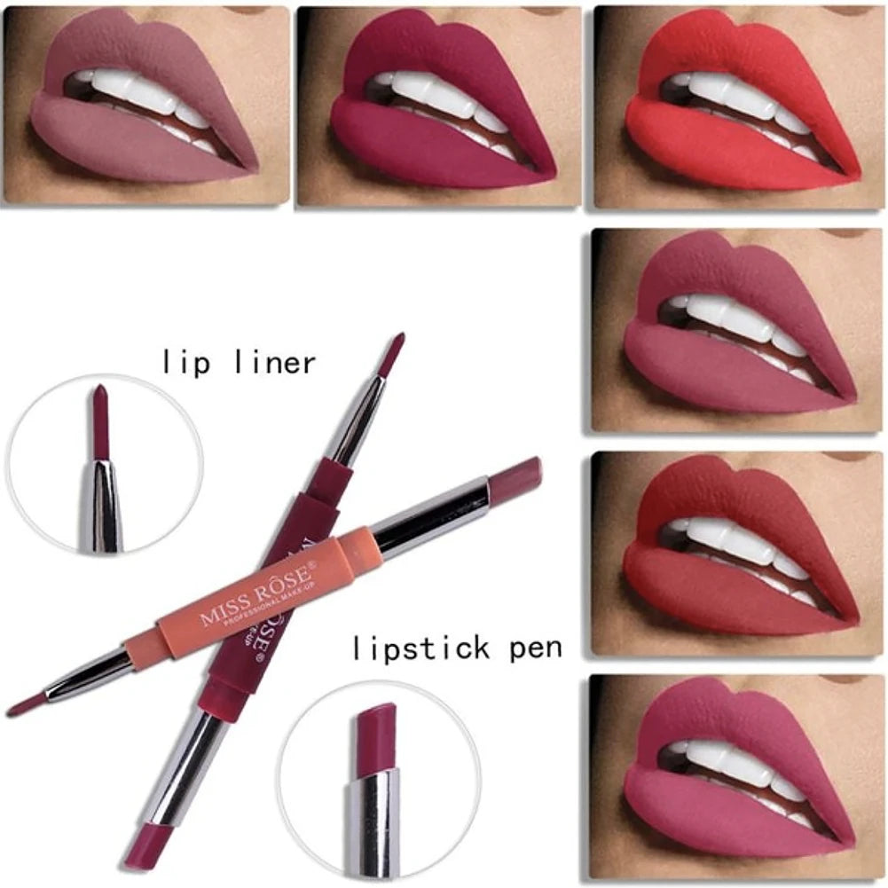 MISS ROSE 2 In 1 Matte Lipstick Lip Liner Nude Lipliner Makeup Waterproof Lipstick Pen Long Lasting Lip Pencil Makeup Lovable