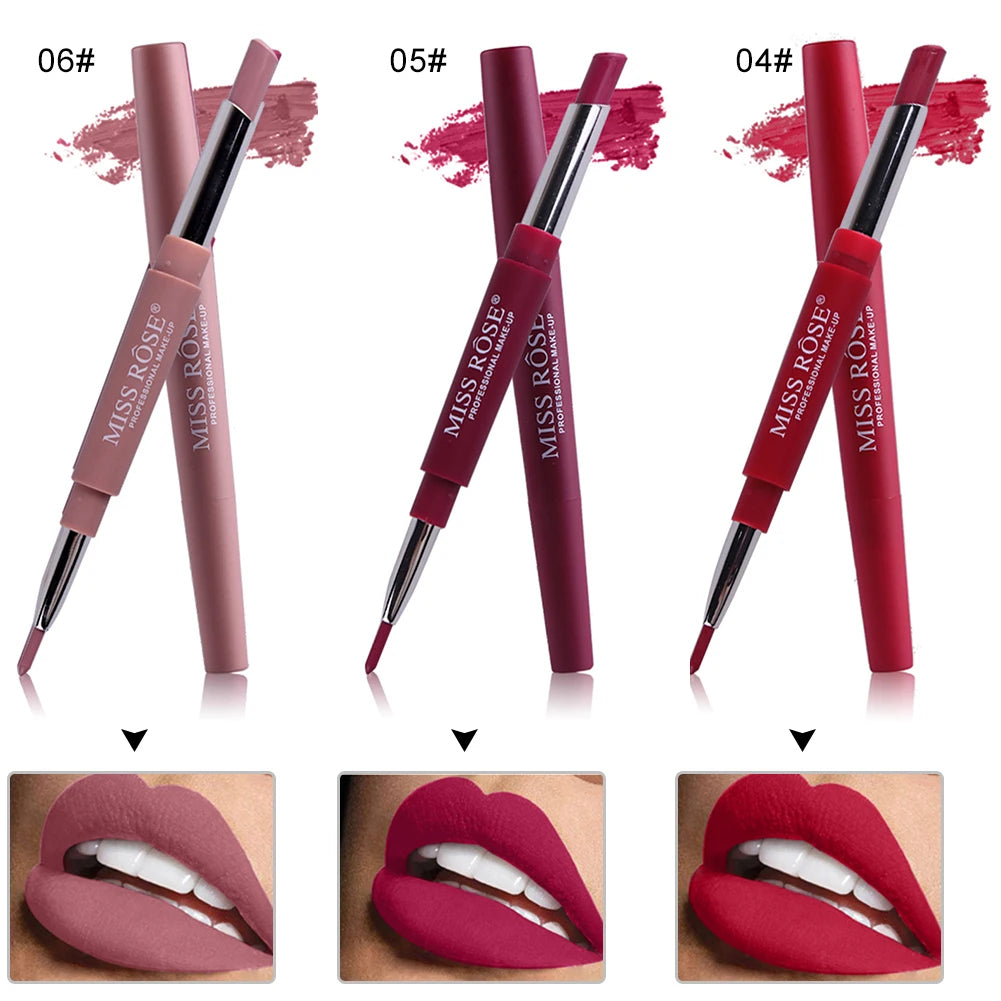 MISS ROSE 2 In 1 Matte Lipstick Lip Liner Nude Lipliner Makeup Waterproof Lipstick Pen Long Lasting Lip Pencil Makeup Lovable