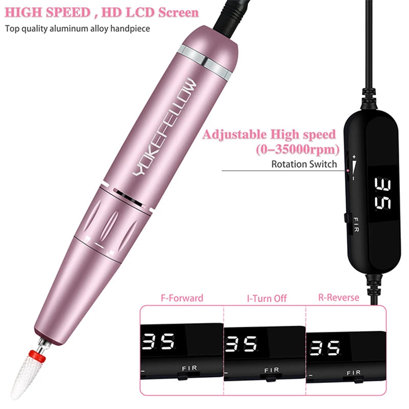 YOKEFELLOW 30000/35000RPM Nail Drill Machine Portable USB Low Noise for Cutting Manicure Machine Electric Salon Nail Equipment