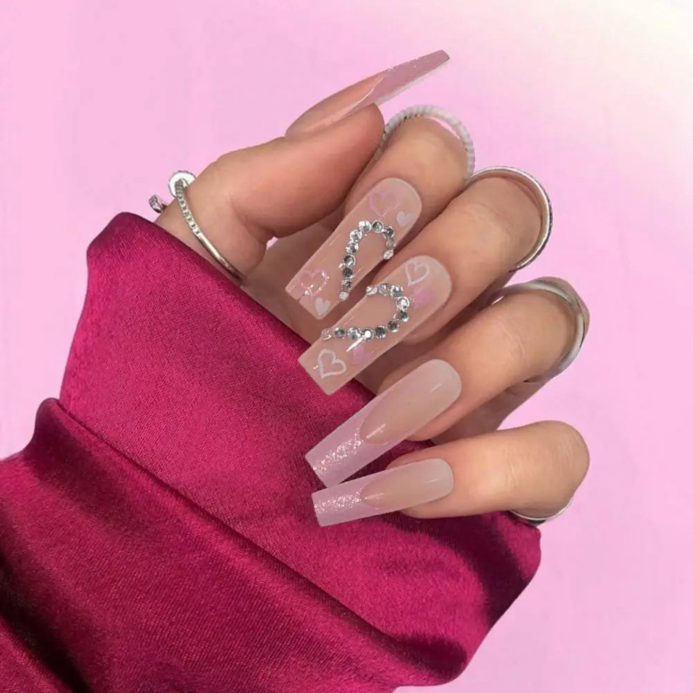 24pcs Artificial Acrylic Nail Art Fake Nails Full Coverage Press On Nails Tips Square Head Pink Long Ballet Diamond False Nail