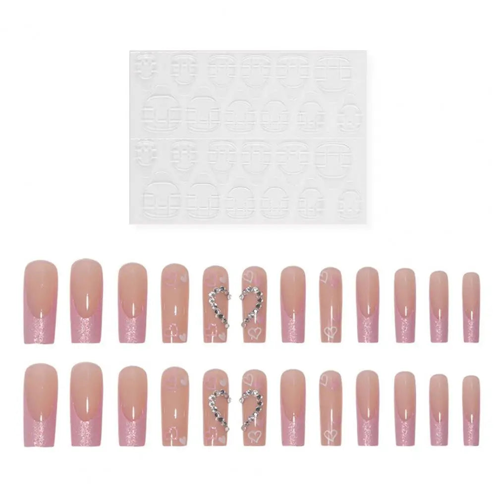24pcs Artificial Acrylic Nail Art Fake Nails Full Coverage Press On Nails Tips Square Head Pink Long Ballet Diamond False Nail