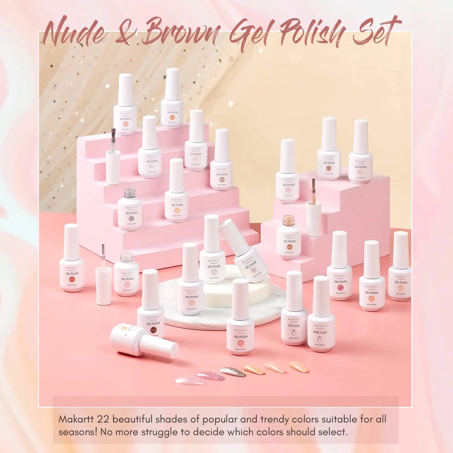 Makartt Gel Nail Polish Kit, 22 Color Nude Gel Nail Polish Set All Seasons Skin Tones Pink Brown Neutral Glitter Soak Off LED