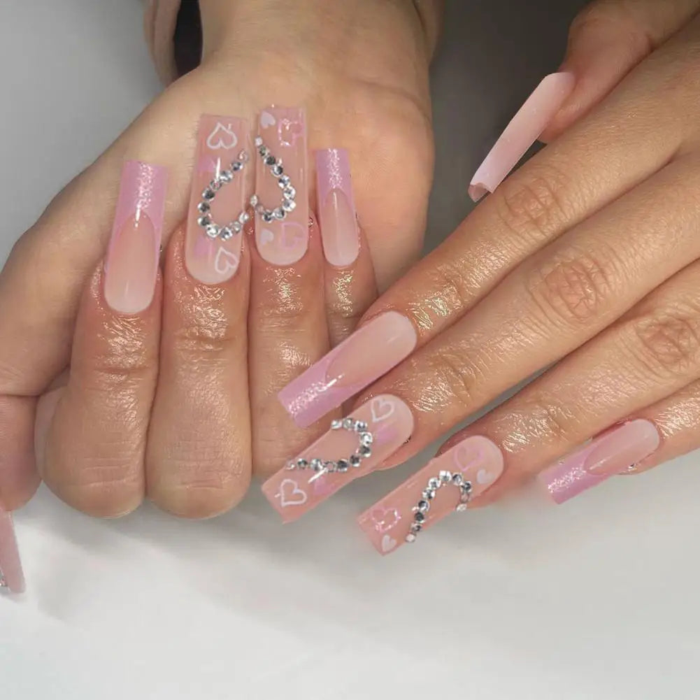 24pcs Artificial Acrylic Nail Art Fake Nails Full Coverage Press On Nails Tips Square Head Pink Long Ballet Diamond False Nail