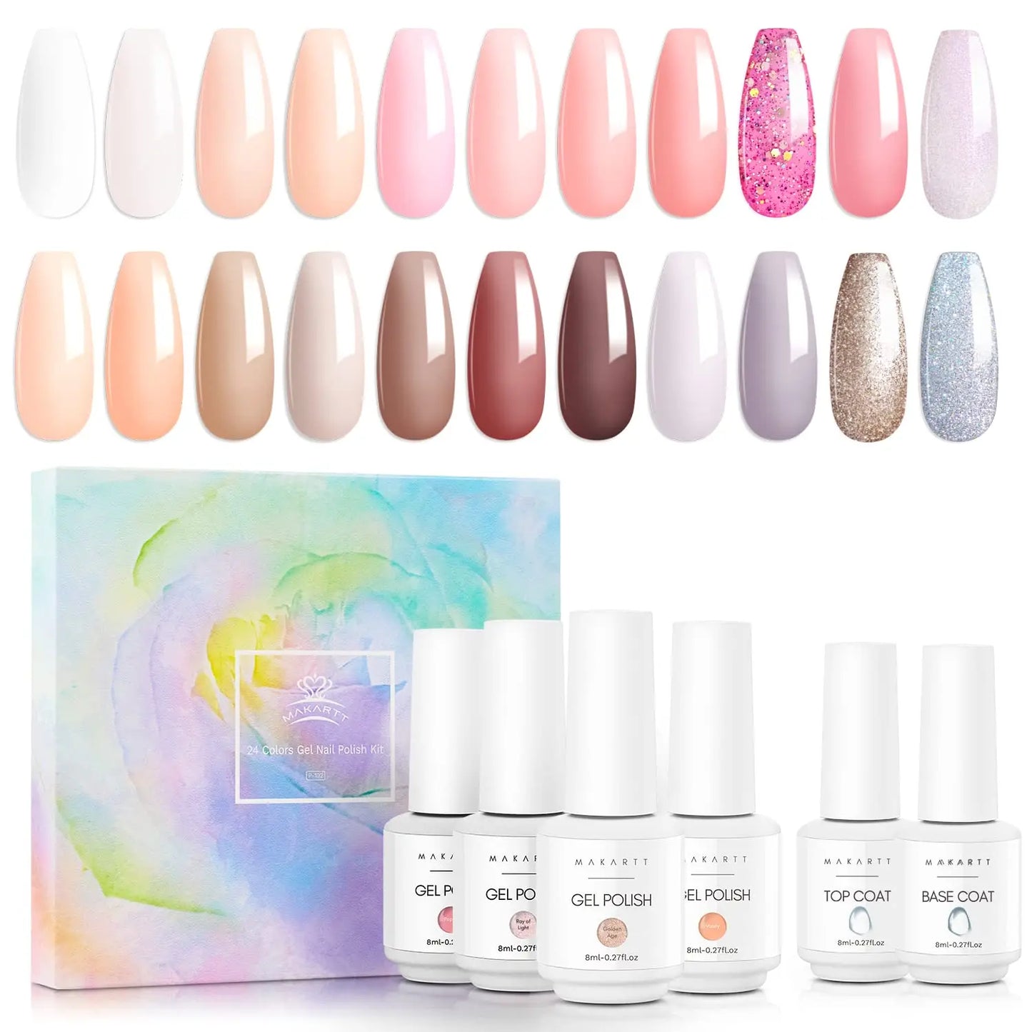 Makartt Gel Nail Polish Kit, 22 Color Nude Gel Nail Polish Set All Seasons Skin Tones Pink Brown Neutral Glitter Soak Off LED