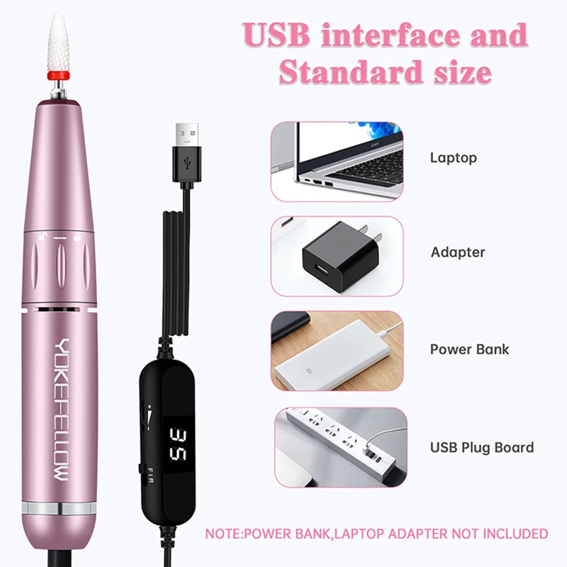 YOKEFELLOW 30000/35000RPM Nail Drill Machine Portable USB Low Noise for Cutting Manicure Machine Electric Salon Nail Equipment