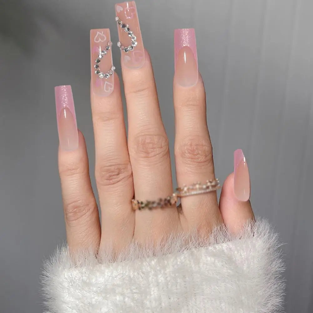 24pcs Artificial Acrylic Nail Art Fake Nails Full Coverage Press On Nails Tips Square Head Pink Long Ballet Diamond False Nail