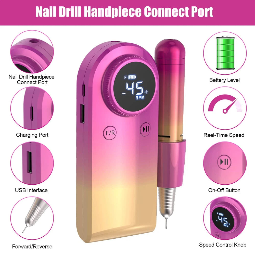 Rechargeable Nail Drill Electric Nail File 45000RMP Professional Nail Drill Kit For Acrylic Nail Gel Manicure Pedicure Polishing