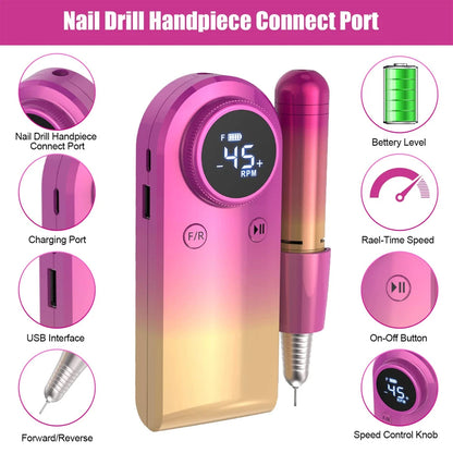 Rechargeable Nail Drill Electric Nail File 45000RMP Professional Nail Drill Kit For Acrylic Nail Gel Manicure Pedicure Polishing